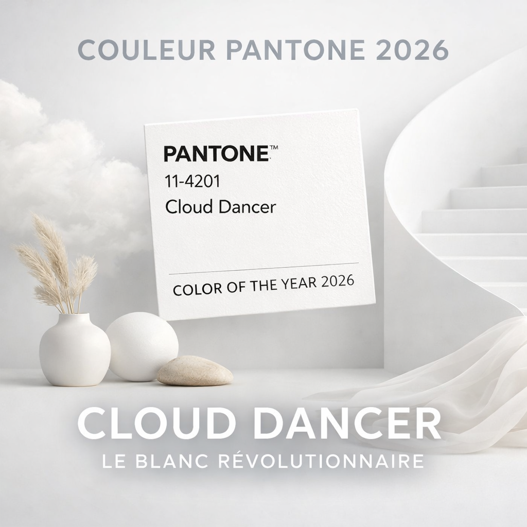 Illustration de la couleur Pantone 2026 Cloud Dancer, un blanc aérien et minimaliste, représentation visuelle générée par intelligence artificielle